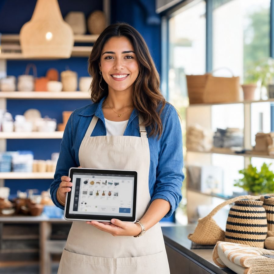 Dueña de negocio usando Admin Negocios en su tienda